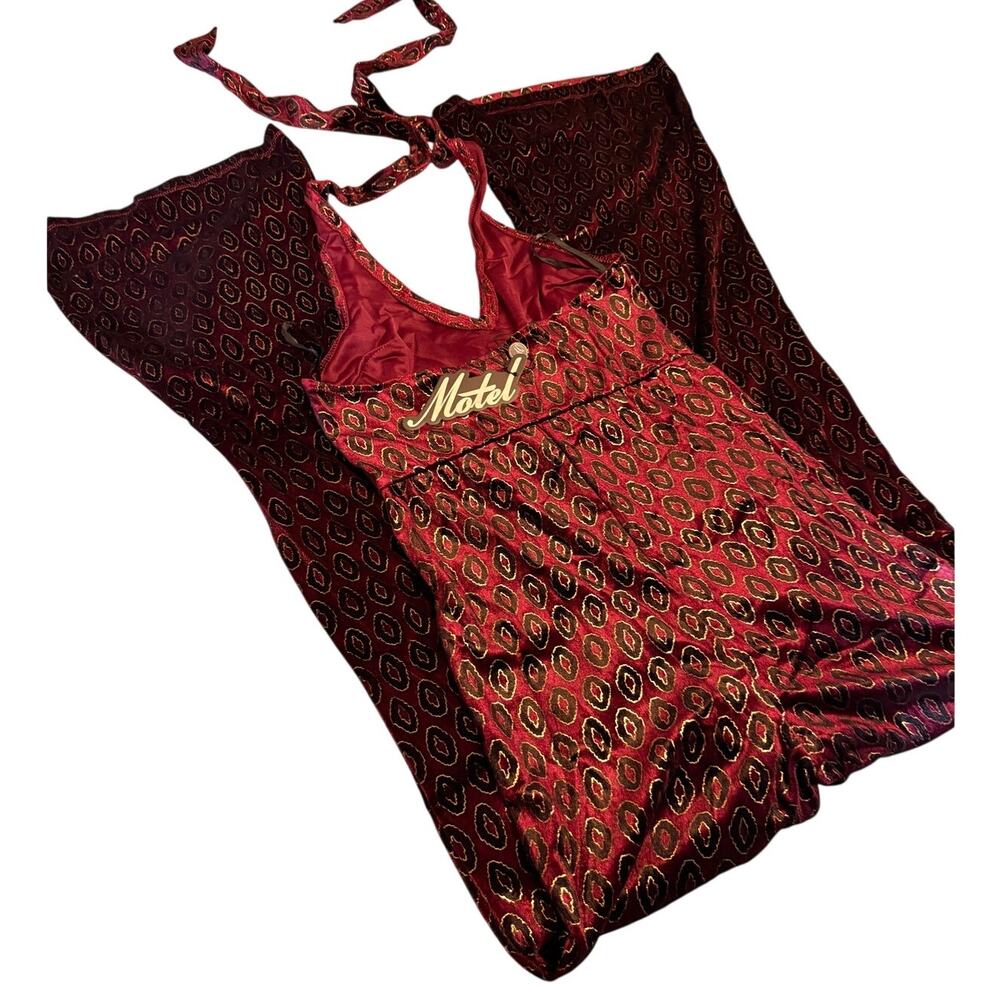 NWT Motel Baby Jumpsuit Small Burgundy Velvet Halter Flare Wide Leg Y2K